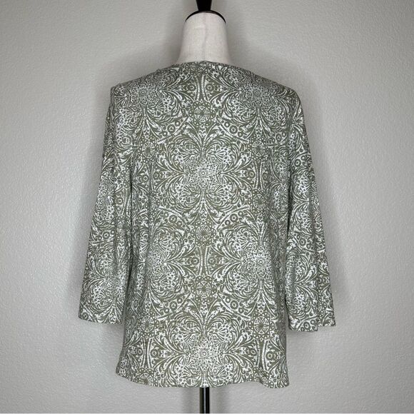 Chico’s Green Boho White Ethnic Print Tasseled 3/4 Sleeves Top - Picture 6 of 13